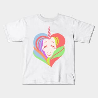 White ranbow color heart shape hair love unicorn Kids T-Shirt